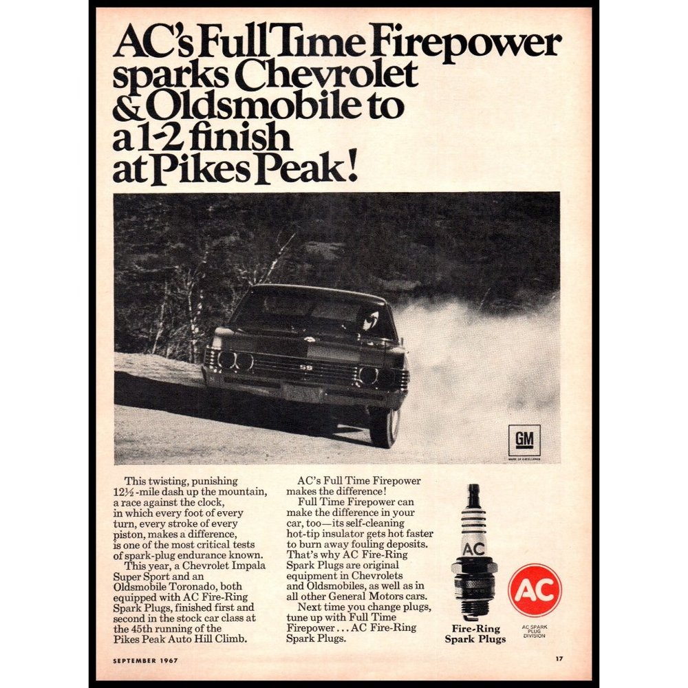 1967 AC Sparkplugs Chevy Impala SS Vintage Print Ad Pike's Peak Race Wall Art